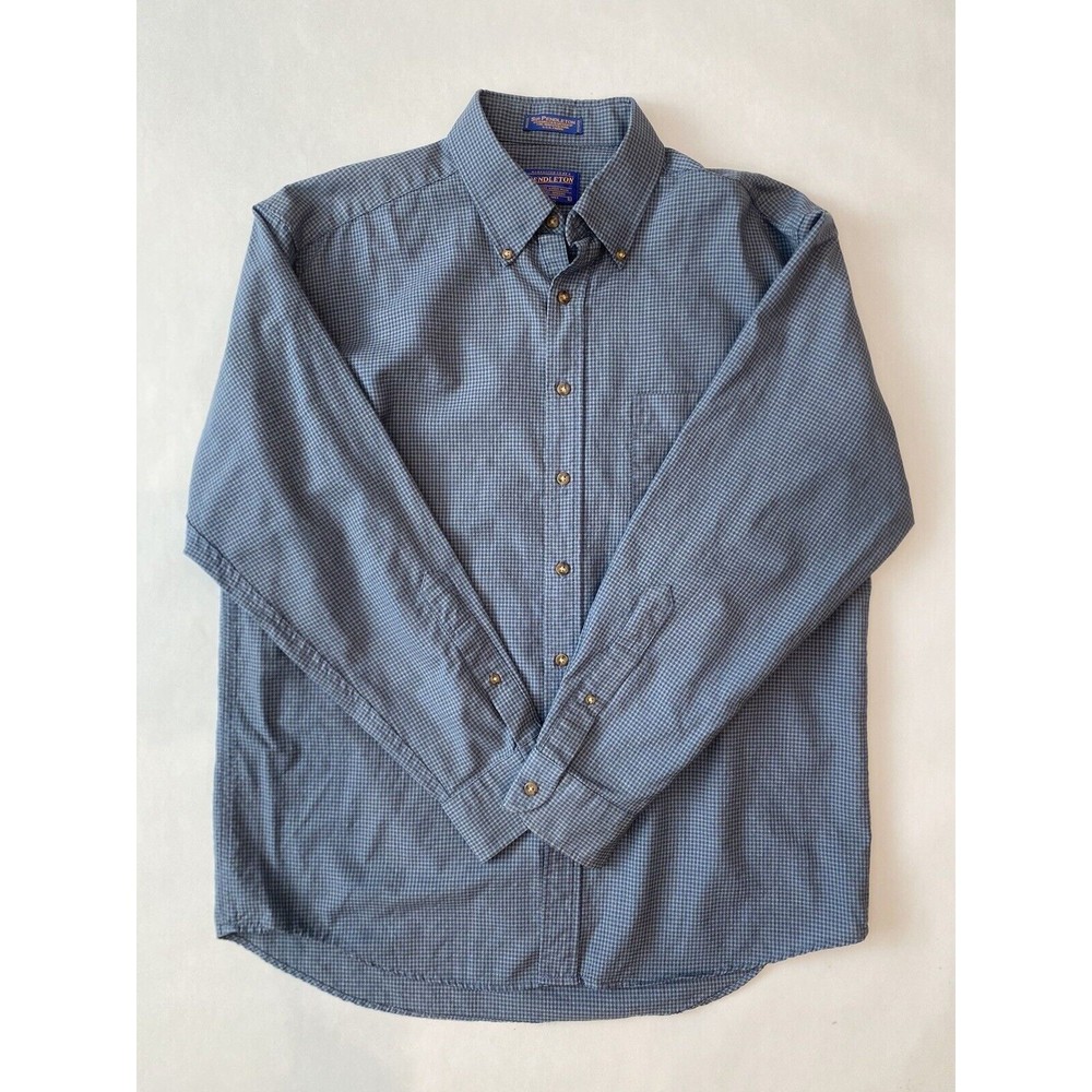 Men's Pendleton Shirt Large Blue Check 100% Wool Long Sleeve Button Up